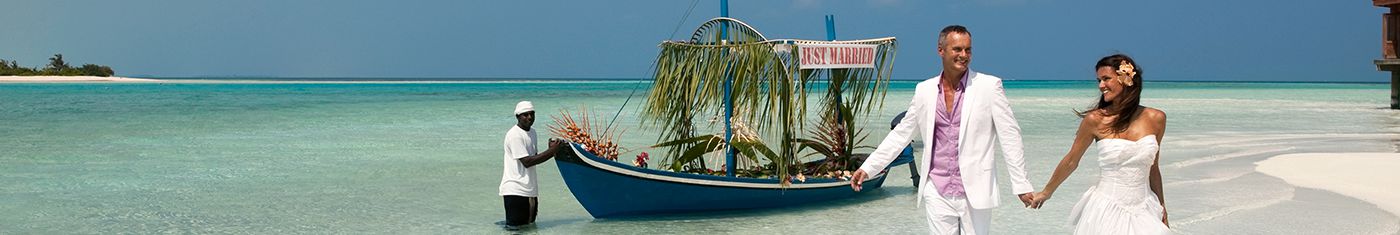 Distance view of water bungalows on the sea