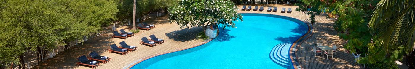 Arial views of the outdoor swimming pool with sun beds